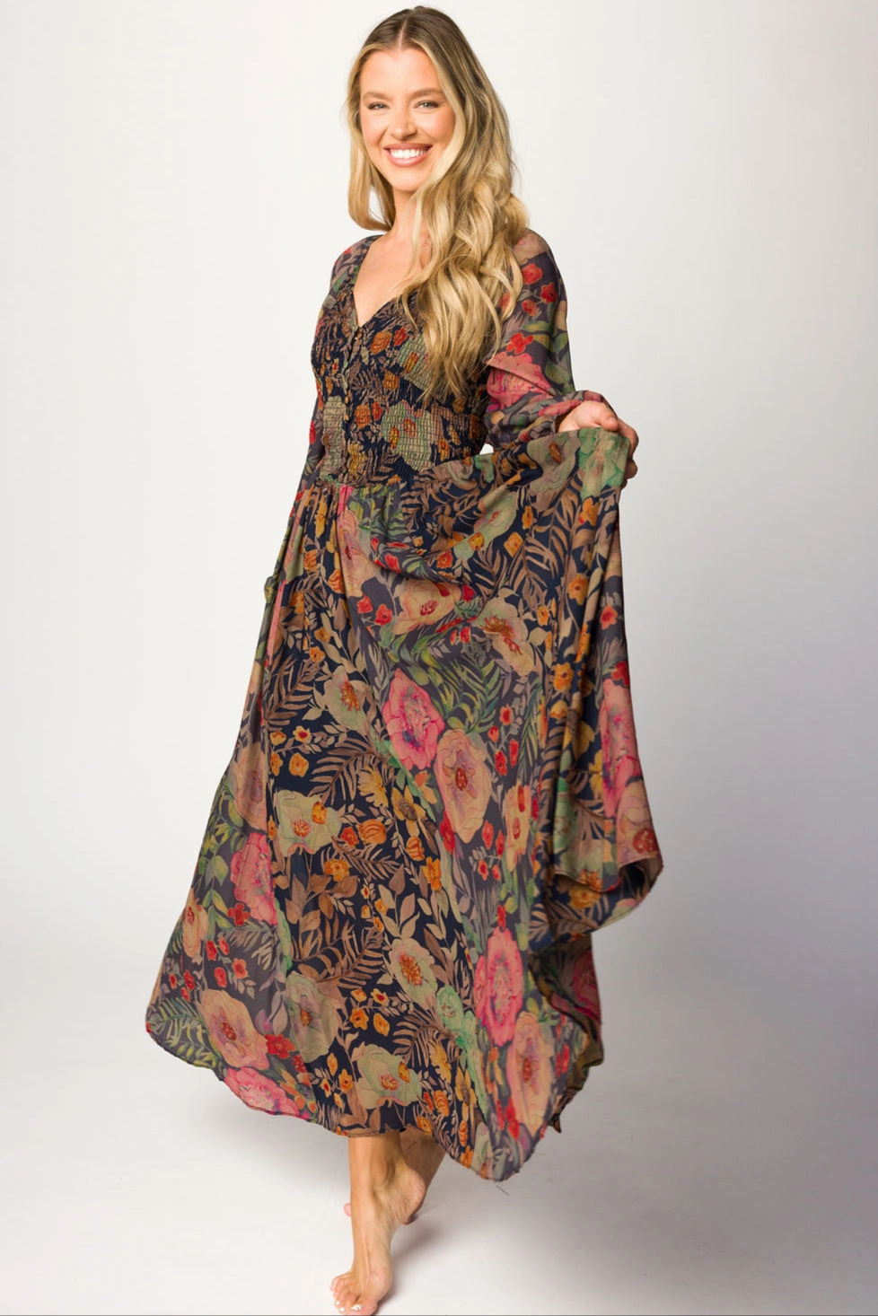 Steph Smocked Button-Front Maxi Dress in Midnight Floral Date Vibe Soft Finish