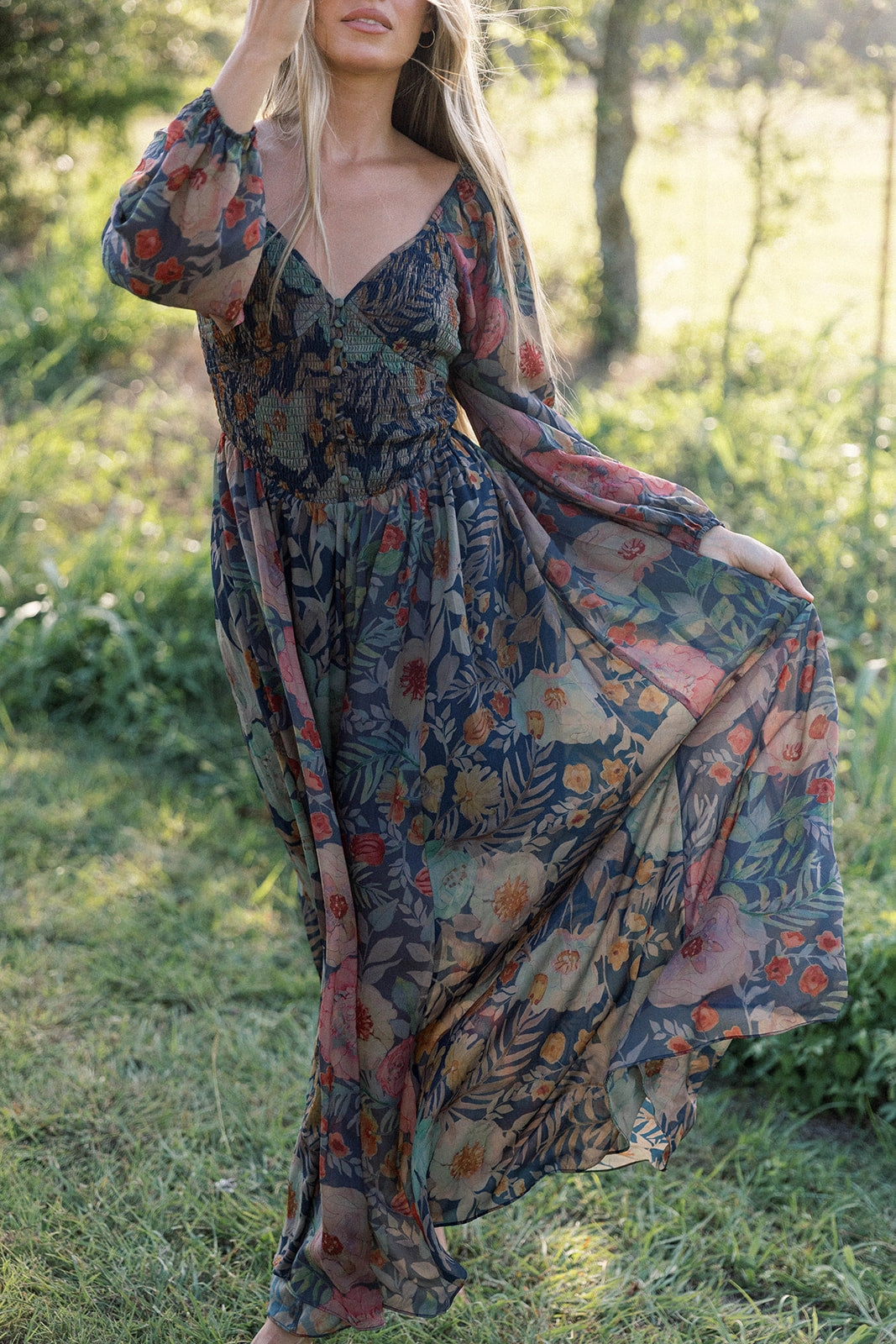 Modern Finish Steph Smocked Button-Front Maxi Dress in Midnight Floral