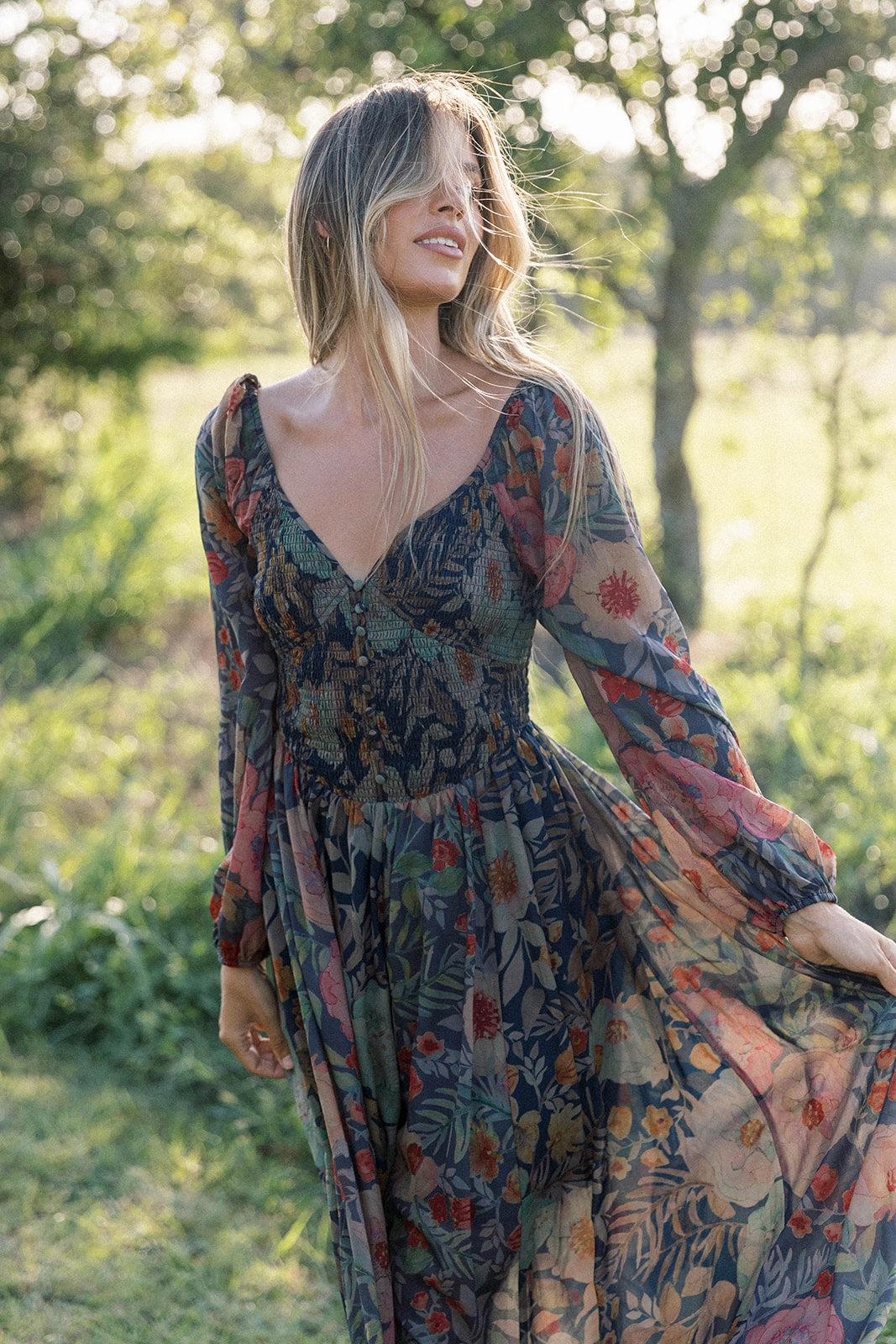 Relax Draping Elegant Layering Steph Smocked Button-Front Maxi Dress in Midnight Floral