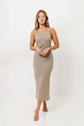 Olivia Square Neck Midi Tank Dress in Light Olive - Bump Friendly Polished Cut Lounge Style