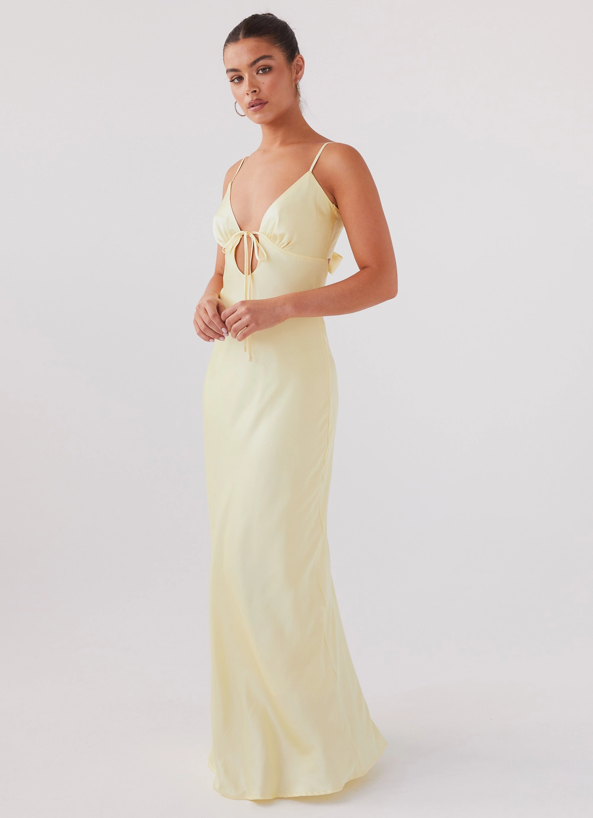 Pure Fabric Mid layer Flora Satin Maxi Dress - Lemon