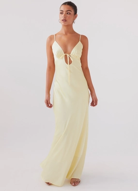 Weekend Fresh Feminine Mood Flora Satin Maxi Dress - Lemon