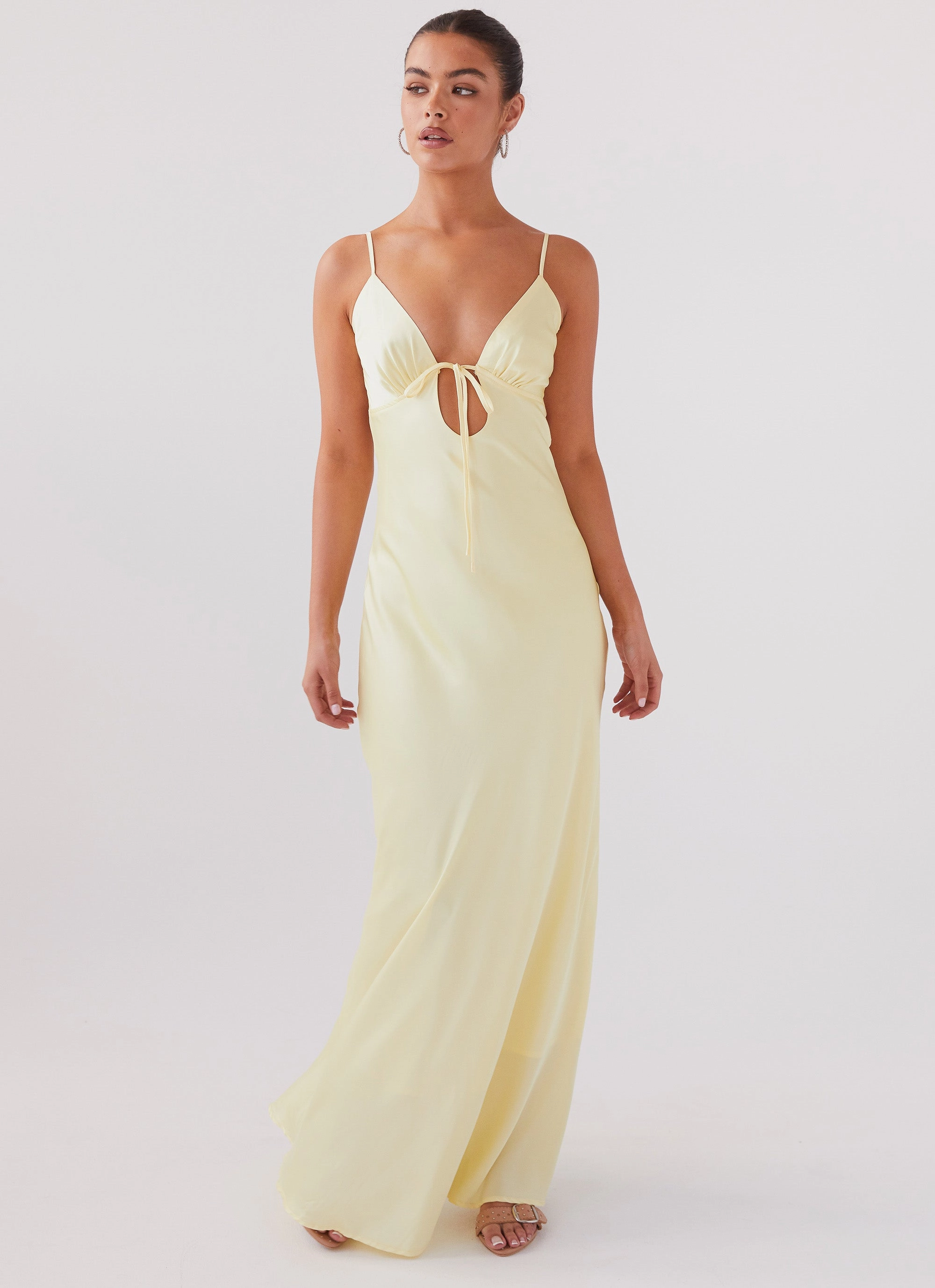 Weekend Fresh Feminine Mood Flora Satin Maxi Dress - Lemon