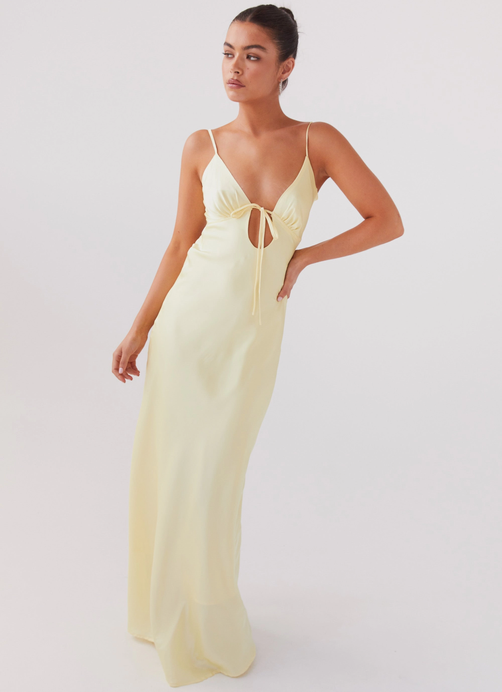 Flora Satin Maxi Dress - Lemon All Timewear Front-Zip