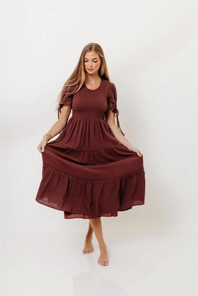 Trisha Cotton Midi Dress in Saddlewood Dreamy Silhouette