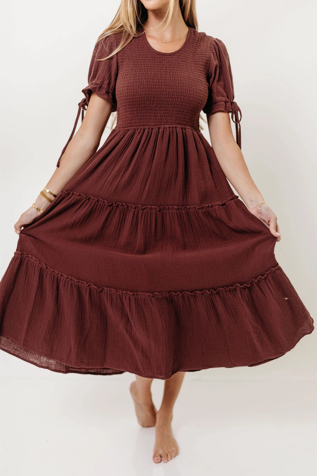 Trisha Cotton Midi Dress in Saddlewood vacation look Front Ruffle