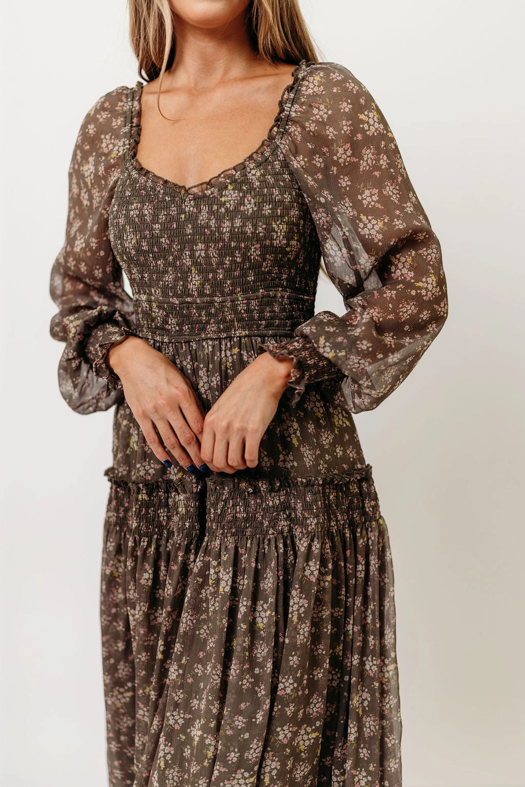 Clean Stitch Luisa Smocked Floral Maxi Dress in Dusted Eucalyptus