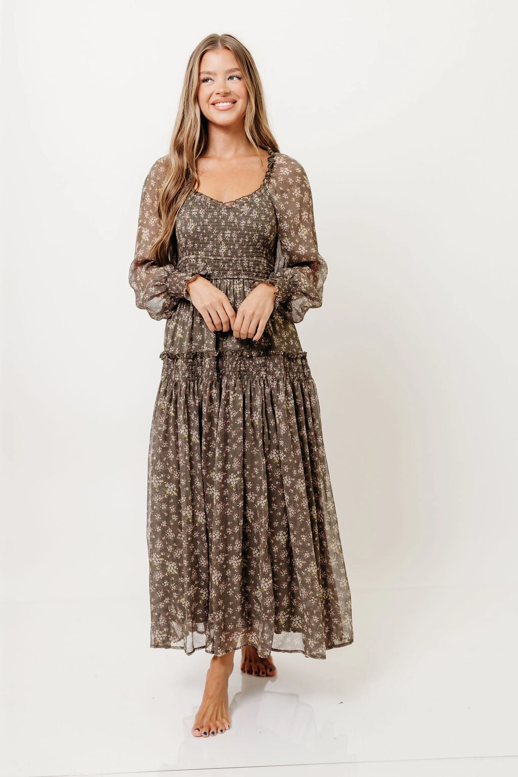 Luisa Smocked Floral Maxi Dress in Dusted Eucalyptus Applique-Detail Classic Move