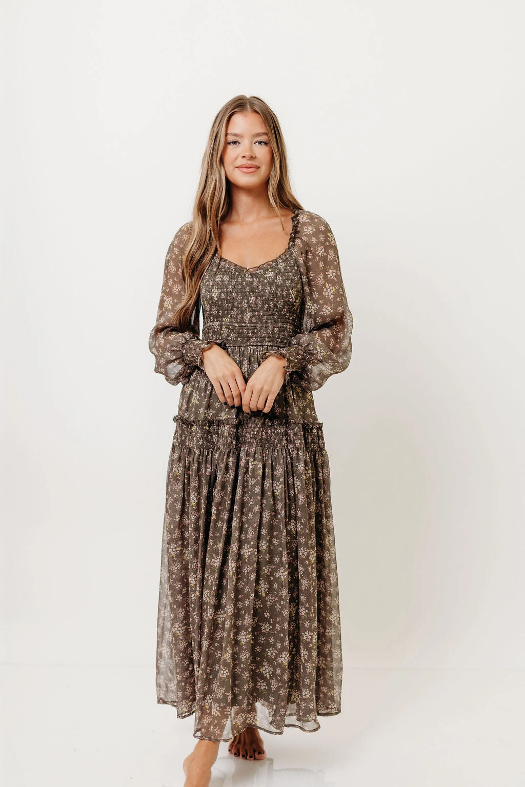 Studio Style Luisa Smocked Floral Maxi Dress in Dusted Eucalyptus