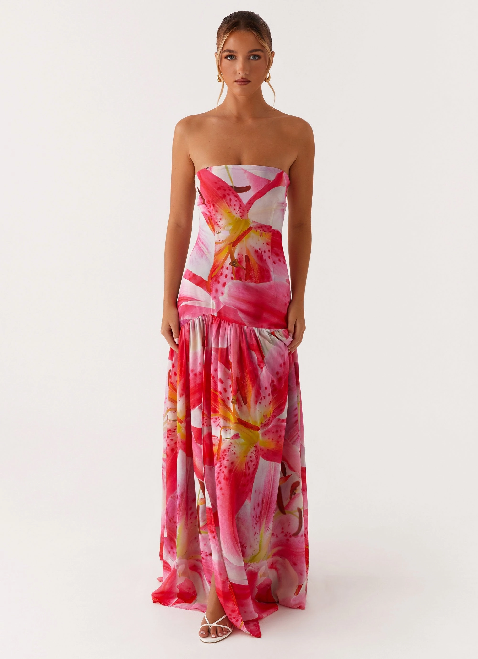 Non-Iron Eden Strapless Maxi Dress - White Pink Lilly
