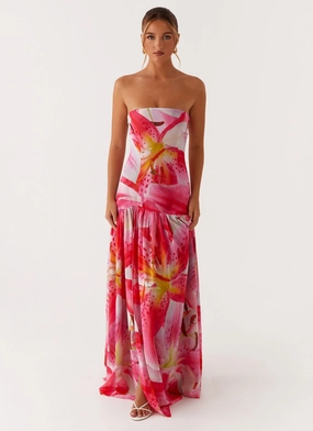 Non-Iron Eden Strapless Maxi Dress - White Pink Lilly