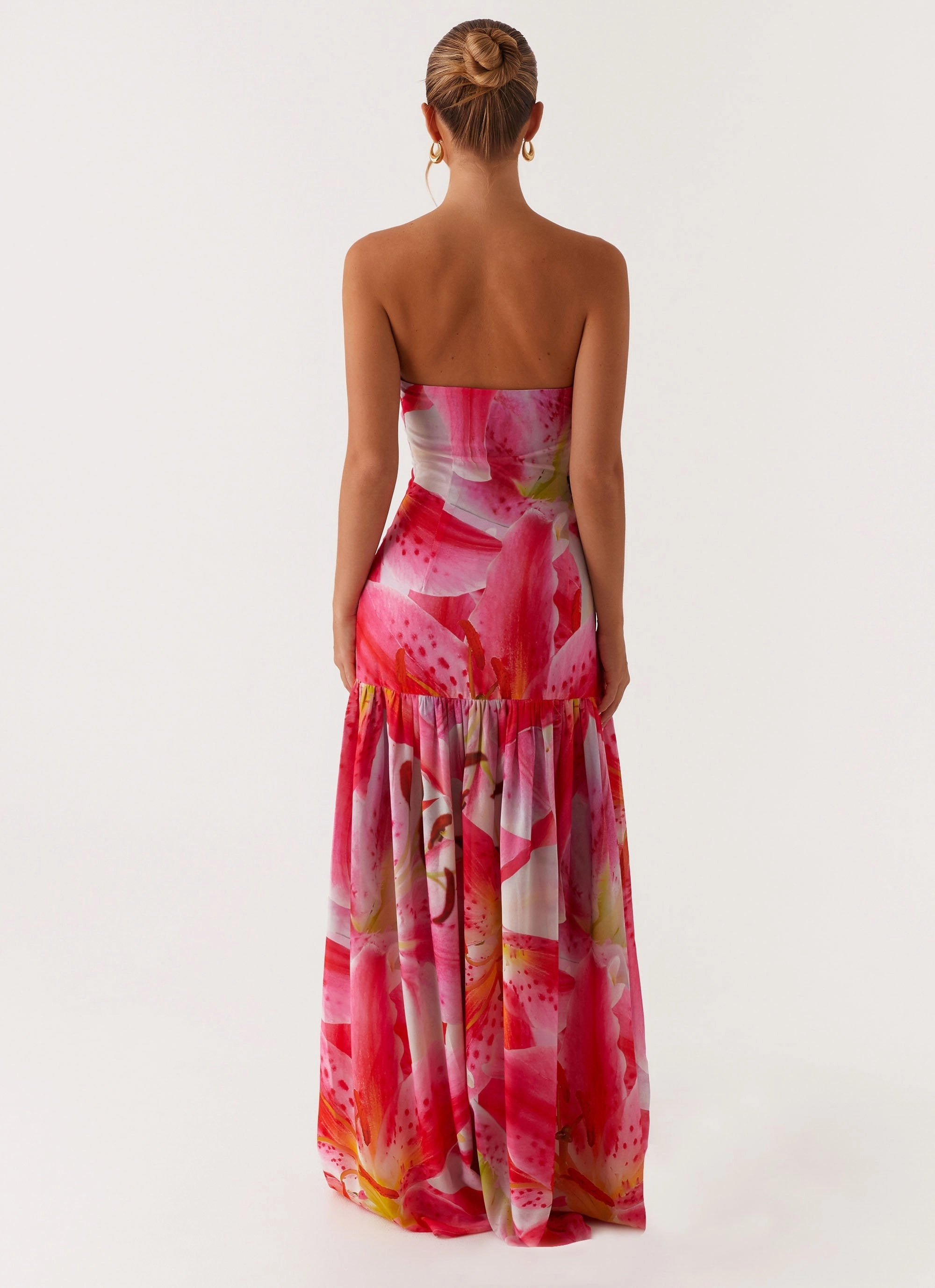 Eden Strapless Maxi Dress - White Pink Lilly Subtle Stitch