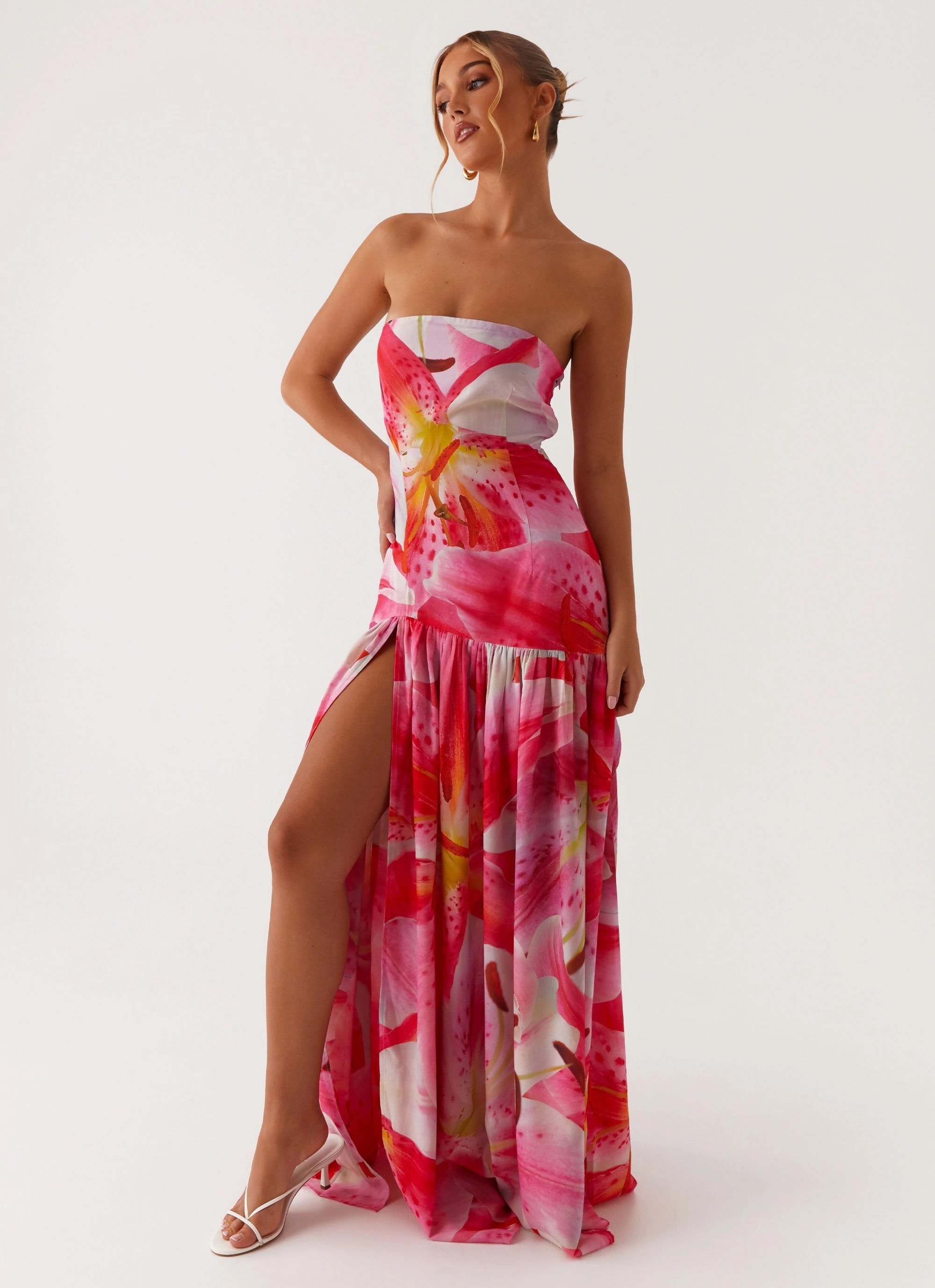Eden Strapless Maxi Dress - White Pink Lilly Natural Drape Casual weekend dress
