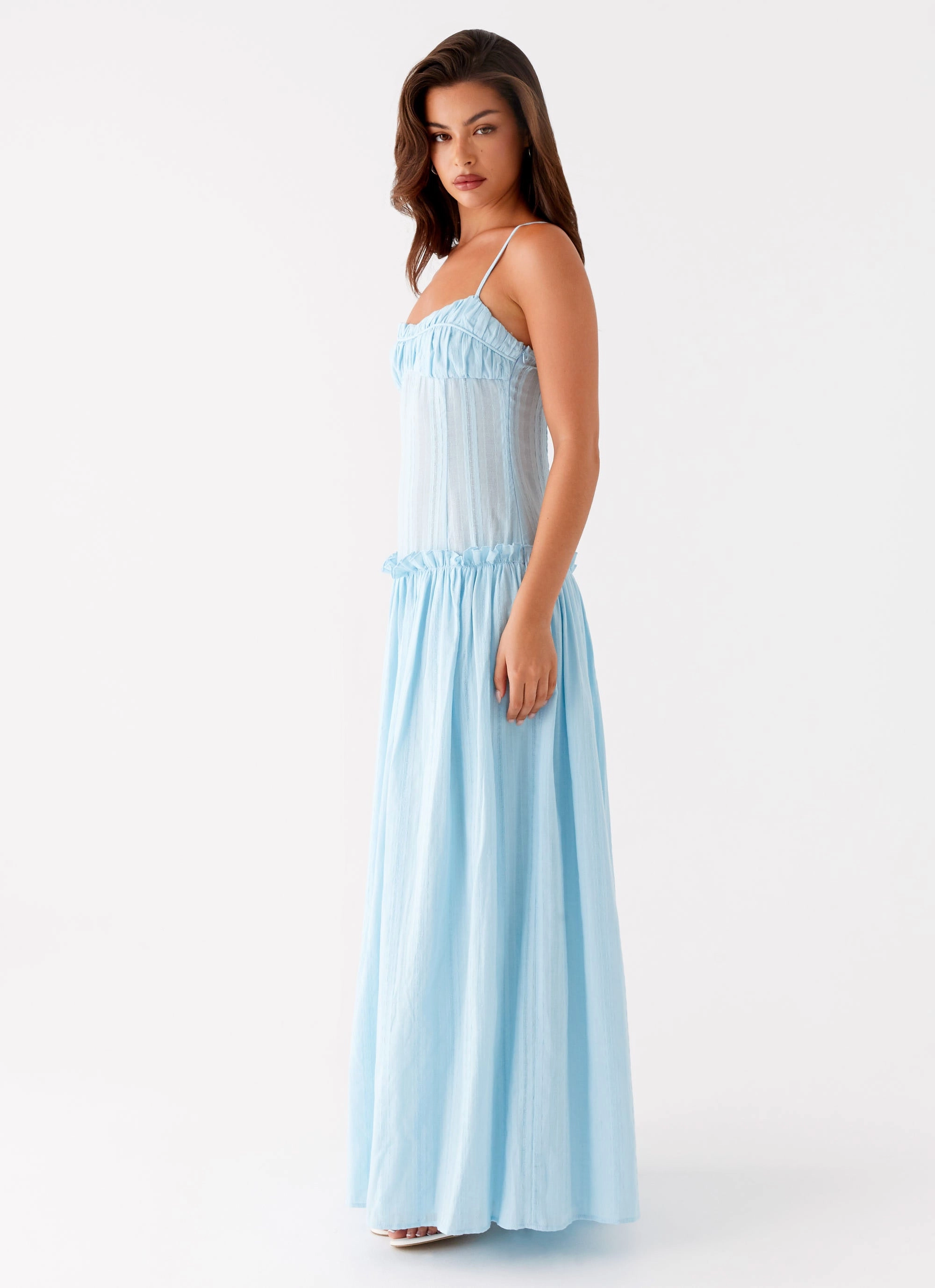 Jacinda Drop Waist Maxi Dress - Blue Subtle pattern Chic Rhythm