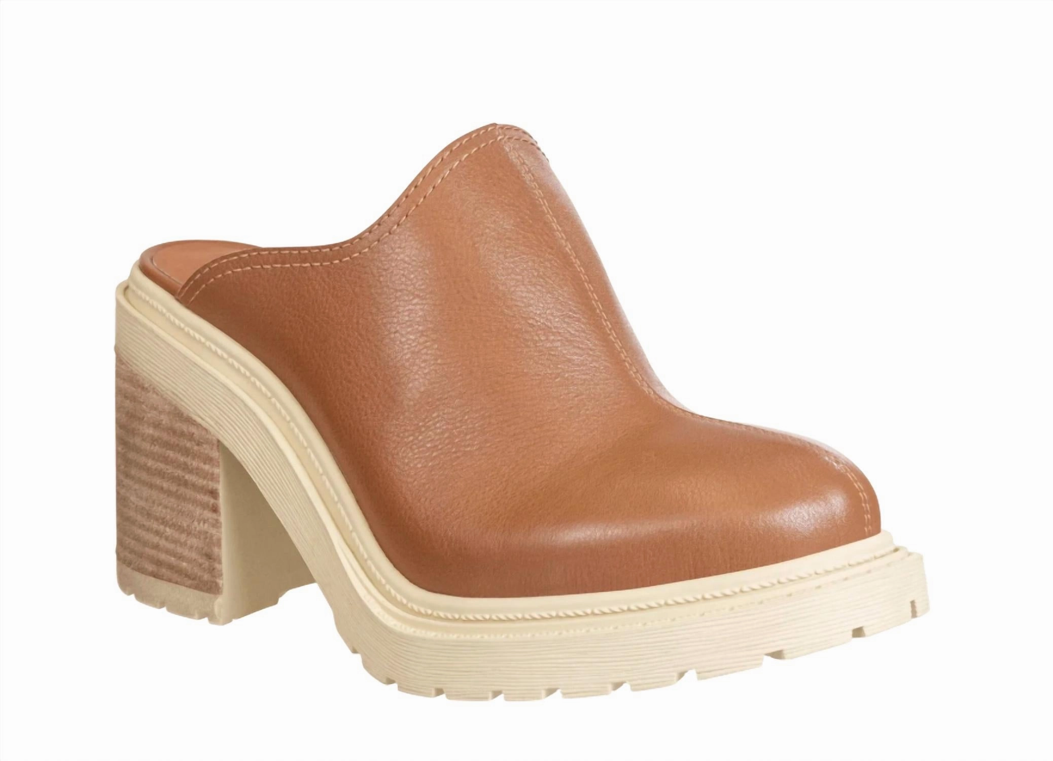 Easy Slip Shoes Leather Upper Rise Clog In Camel