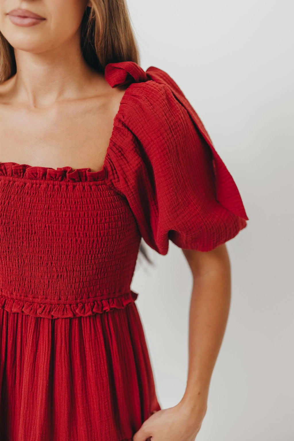 Flattering Fit Wear Elena 100% Cotton Smocked Midi Dress in Rust - Bump Friendly