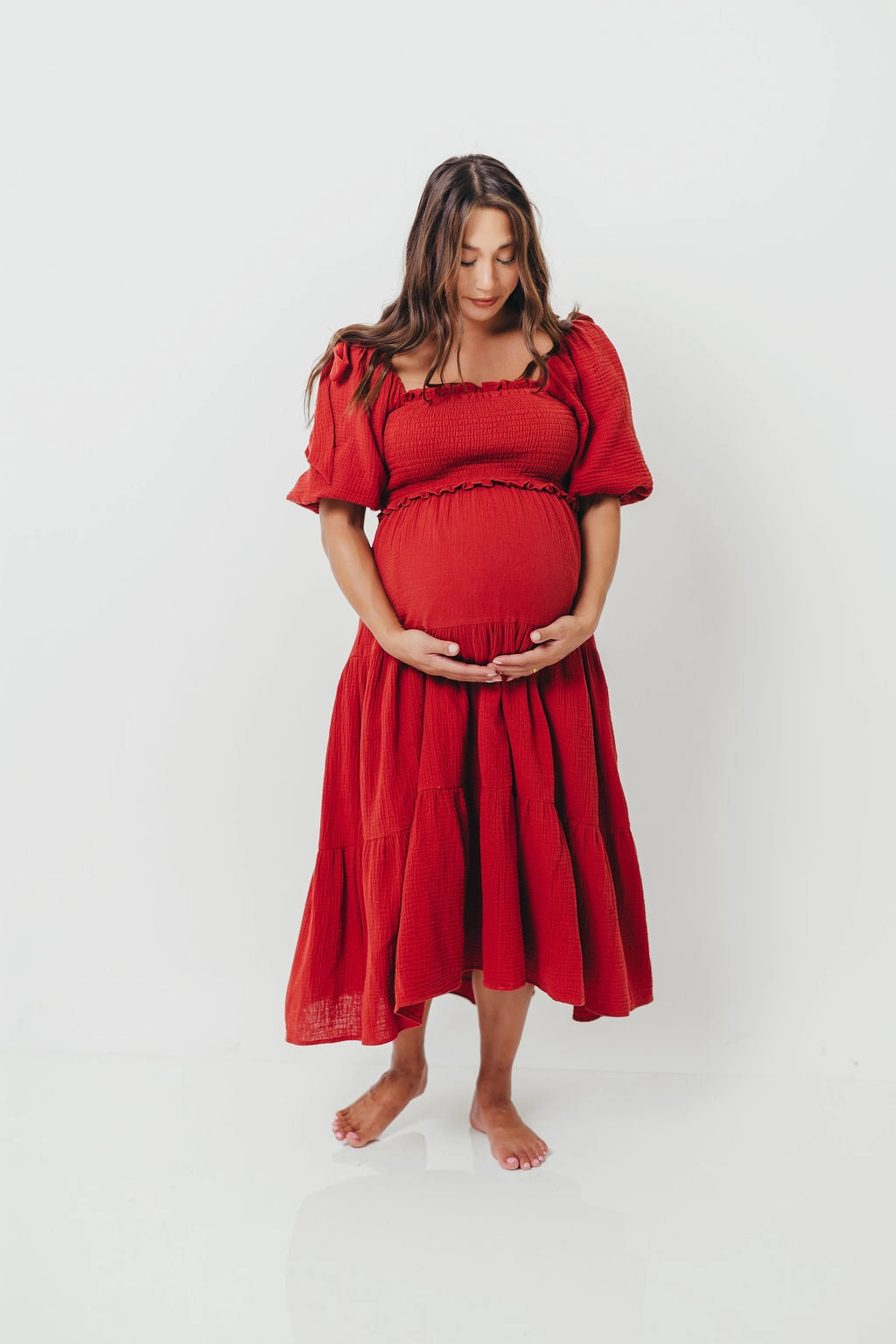 Elena 100% Cotton Smocked Midi Dress in Rust - Bump Friendly Work Mood