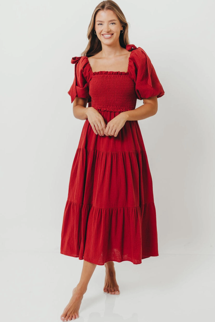 Effortless Touch Earth Colors Elena 100% Cotton Smocked Midi Dress in Rust - Bump Friendly