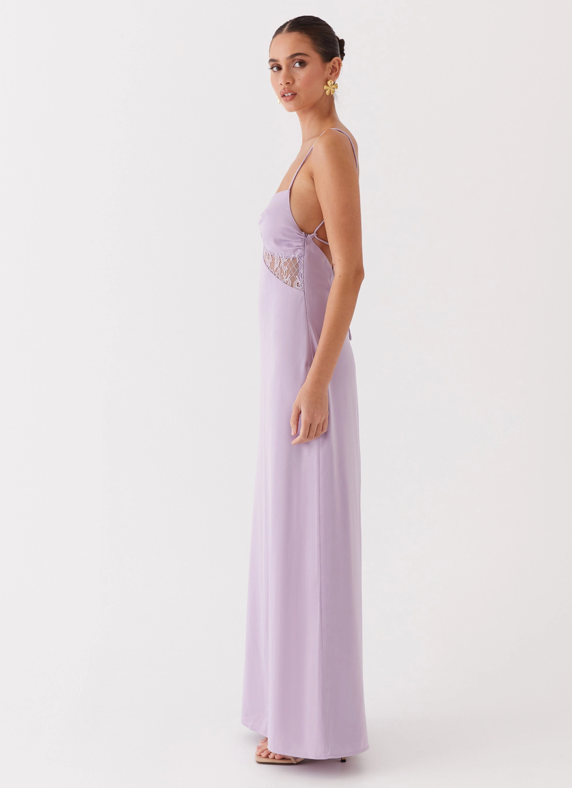 Beaded-Sleeve Dream Sight Lace Satin Maxi Dress - Lilac