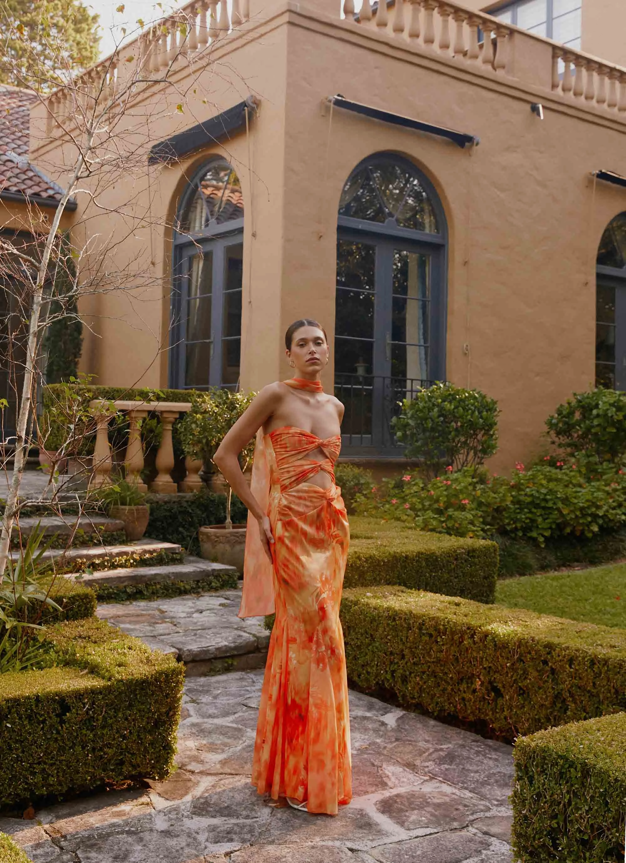 Slender Look Inclusive Fit Melrose Satin Chiffon Maxi Dress - Sunset Floral