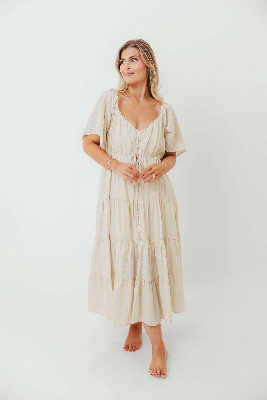 Rumi Woven Sweetheart Maxi Dress in Natural - Bump Friendly - Detachable Liner Cozy Drape