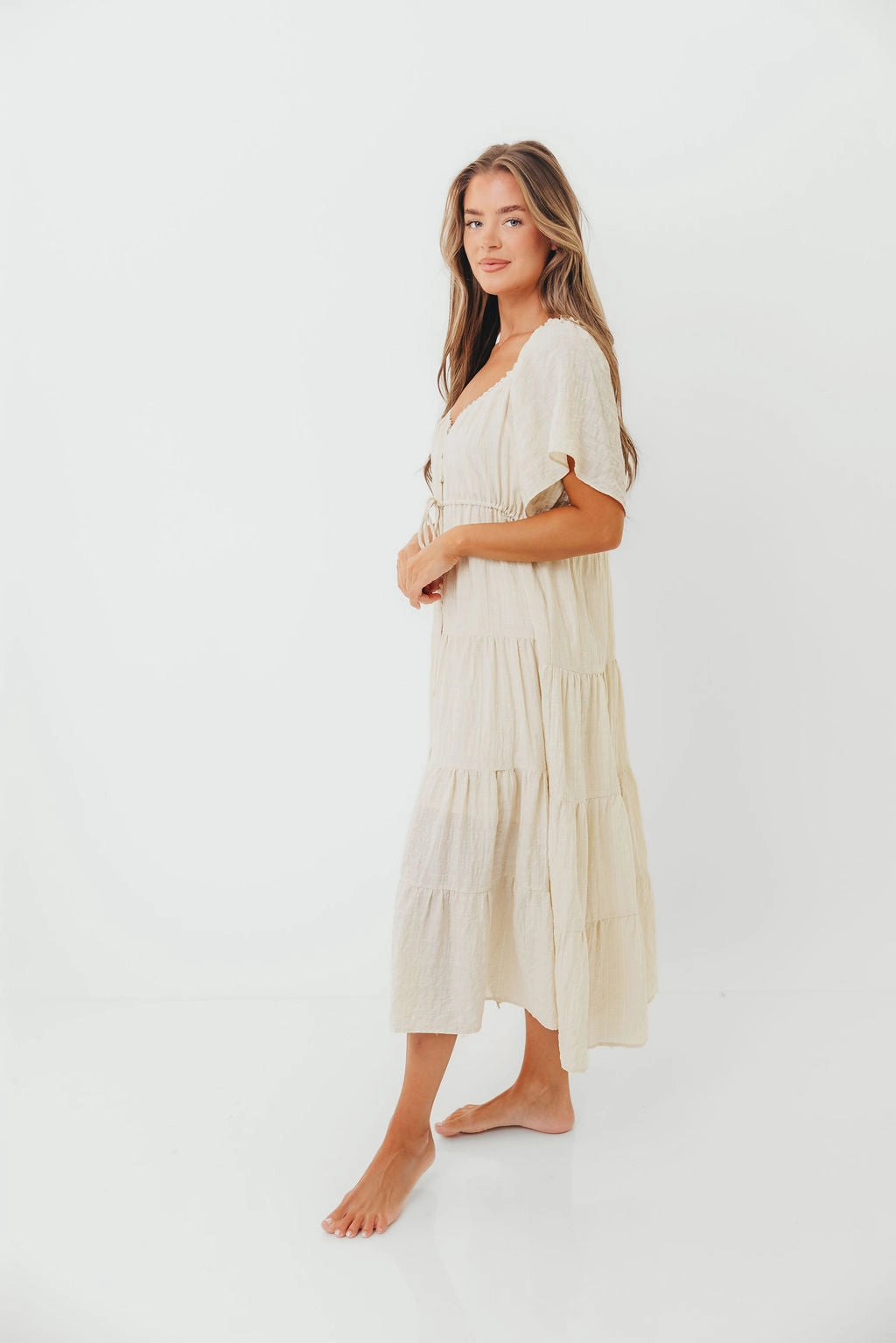 Rumi Woven Sweetheart Maxi Dress in Natural - Bump Friendly - Detachable Liner Cozy Vibe Soft Glide