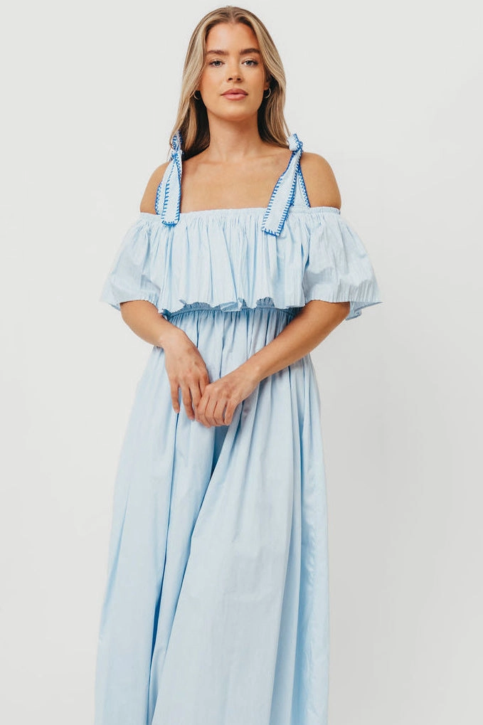 Abstract Pattern Aviva 100% Cotton Pleated Off-Shoulder Midi Dress in Light Blue