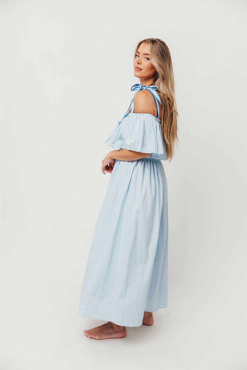 Aviva 100% Cotton Pleated Off-Shoulder Midi Dress in Light Blue Daily Favorite