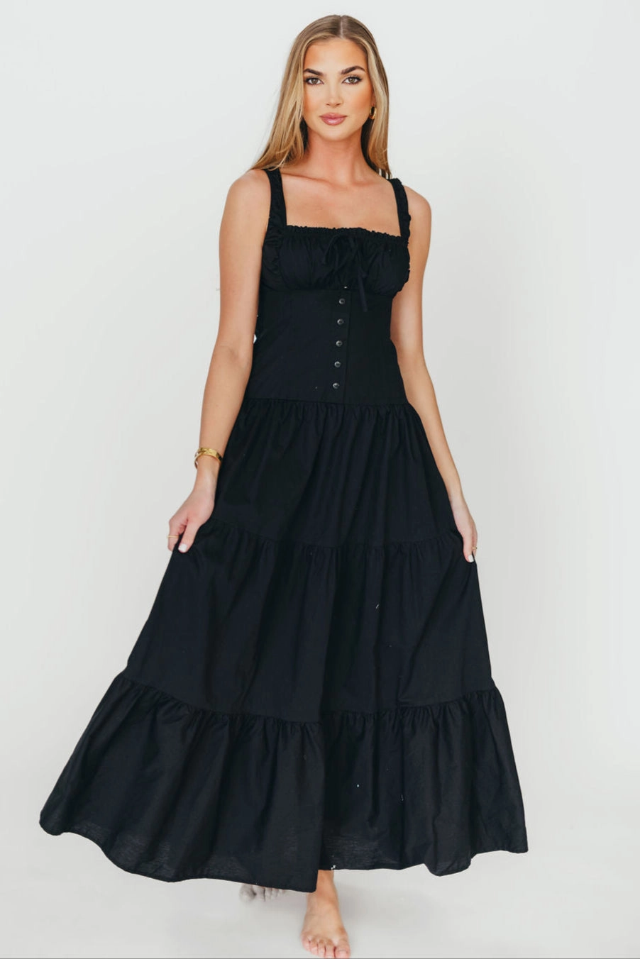 Sutton Corset Button Down Tiered Maxi Dress in Black *Final-Sale* Satin Finish