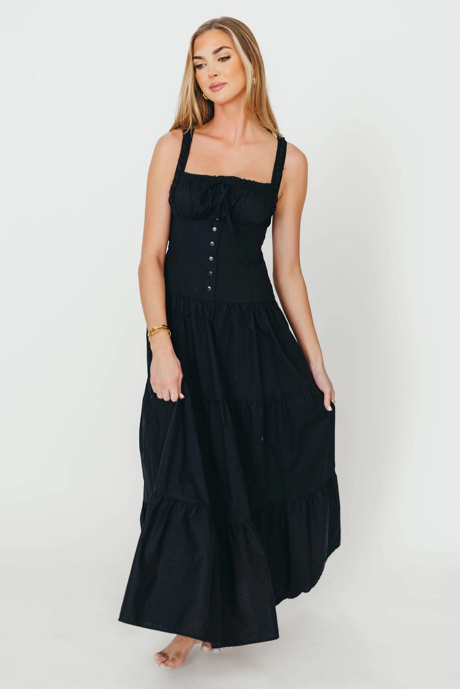 Fitted Base Sutton Corset Button Down Tiered Maxi Dress in Black *Final-Sale*