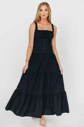 Sutton Corset Button Down Tiered Maxi Dress in Black *Final-Sale* Satin Finish