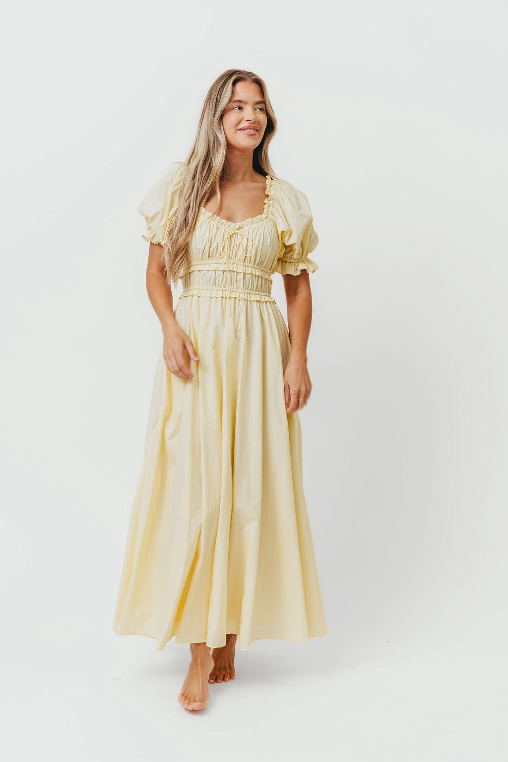 Beadwork Soft Drape Sydnee Cotton Maxi Dress in Butter Yellow - Bump Friendly