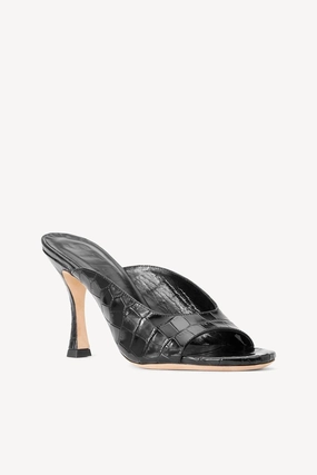 Flexible Wear Sylvia Leather Mule Sandals In Black Croc Embossed