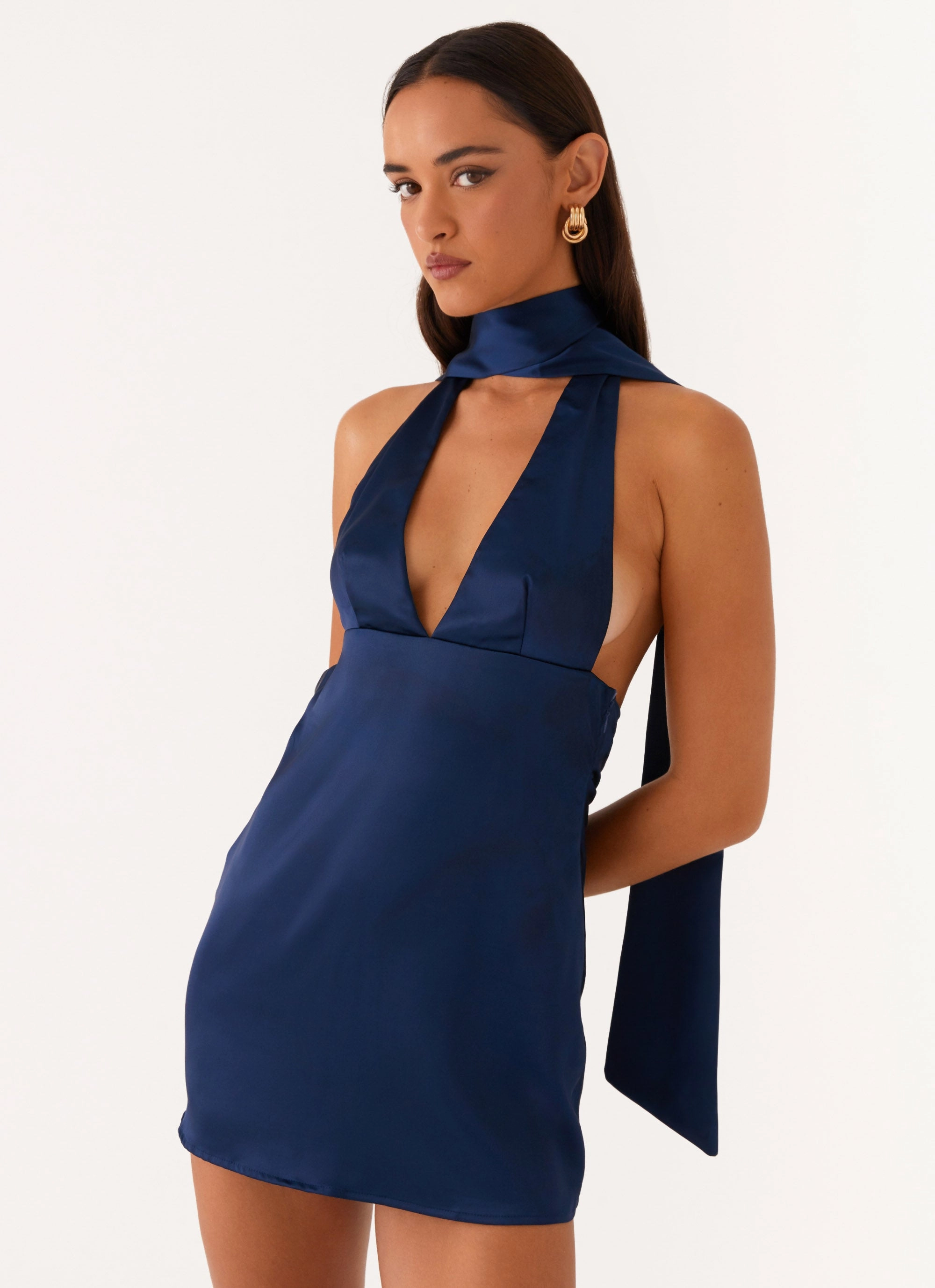 Simplistic Mood Alicia Satin Halter Mini Dress - Navy