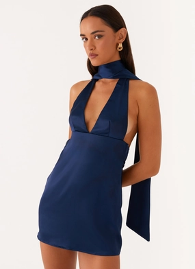 Simplistic Mood Alicia Satin Halter Mini Dress - Navy