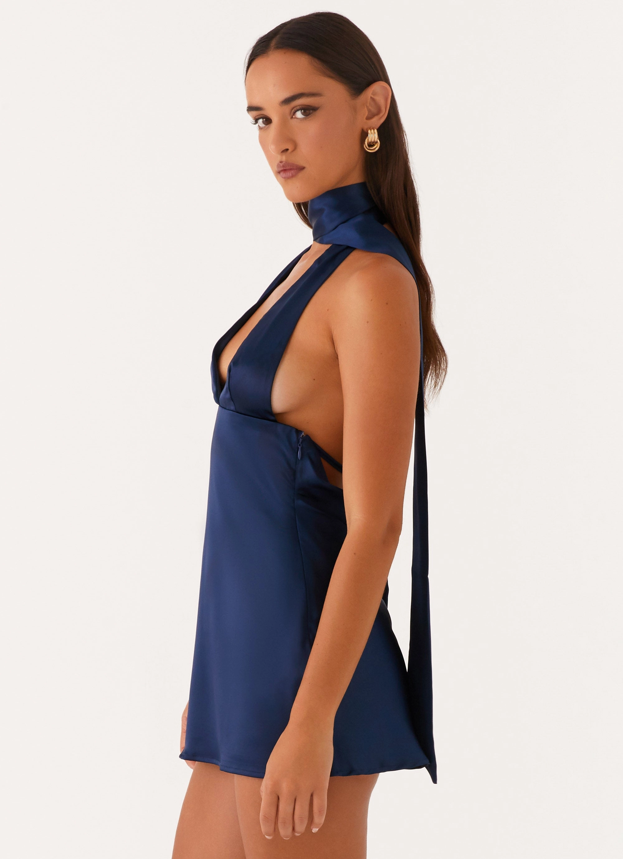 Cozy Cut Alicia Satin Halter Mini Dress - Navy