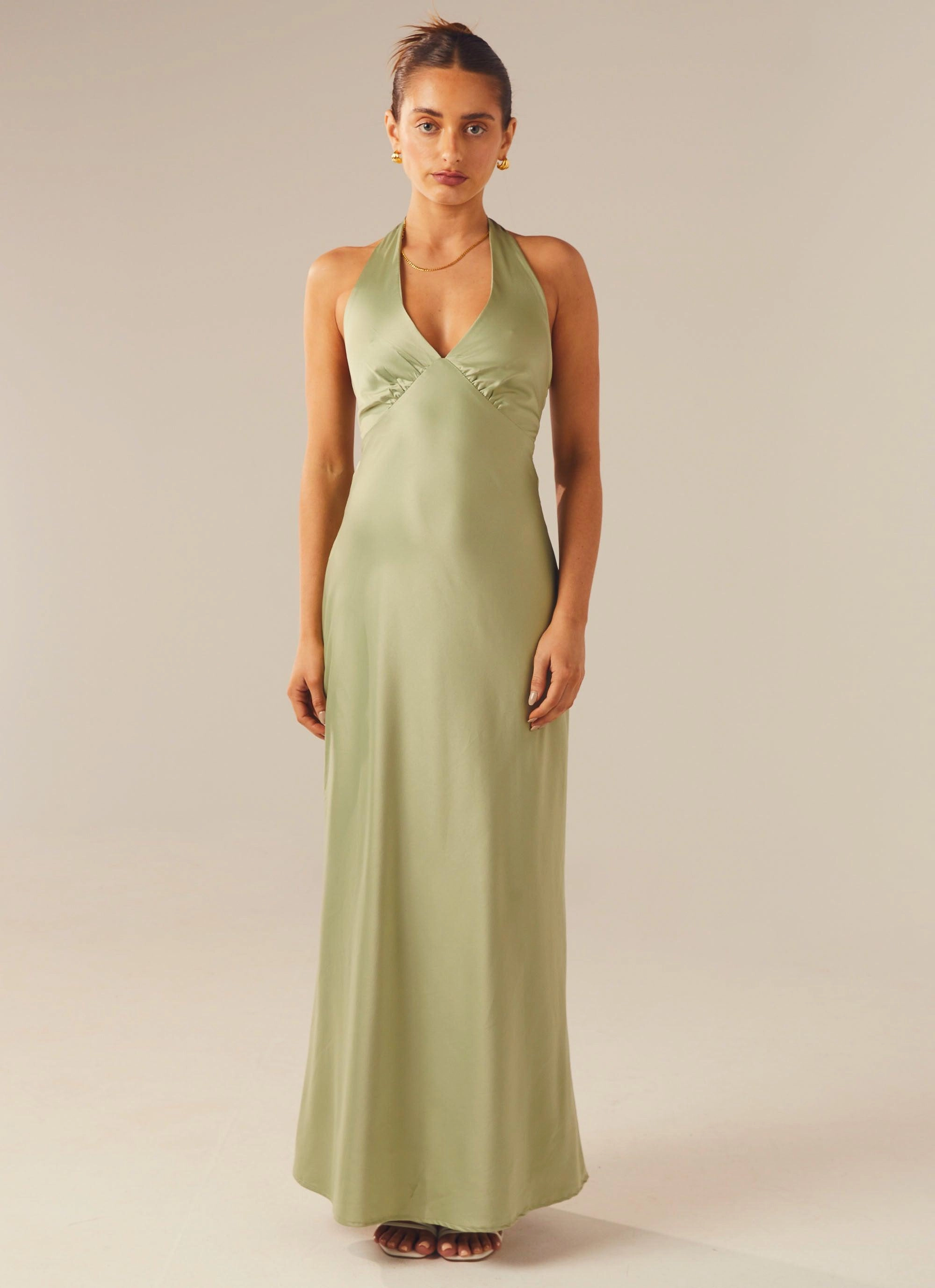 Elegant Mature Cool Palette Heavy Hearted Satin Maxi Dress - Sage
