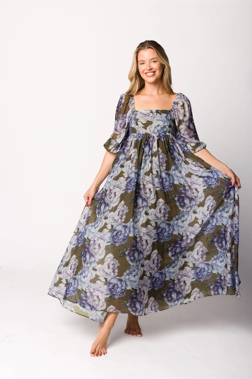 Street Elegance Mona Maxi Dress in Olive/Blue Floral - Bump Friendly - Restocking end of Sept