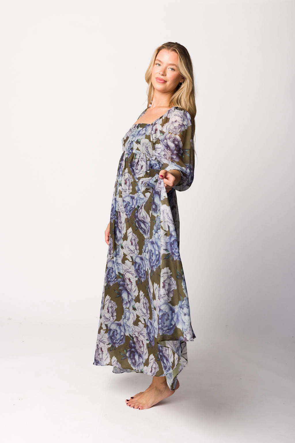 Ready Anytime Mona Maxi Dress in Olive/Blue Floral - Bump Friendly - Restocking end of Sept