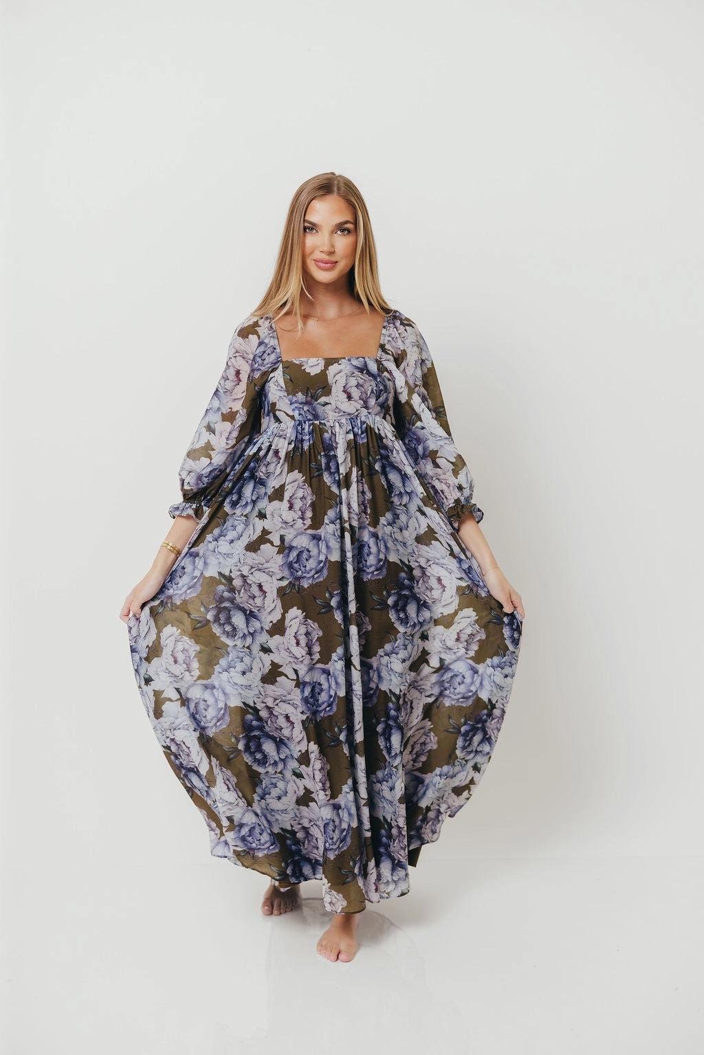 Birthday-Celebration Mona Maxi Dress in Olive/Blue Floral - Bump Friendly - Restocking end of Sept