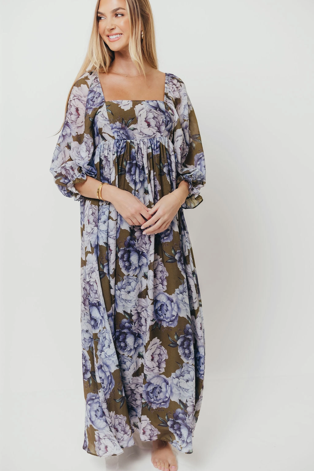 Mona Maxi Dress in Olive/Blue Floral - Bump Friendly - Restocking end of Sept Bohemian-Style Fit Vibe