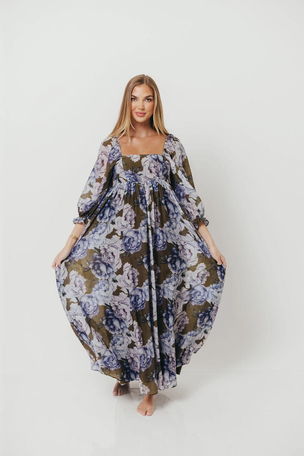 Mona Maxi Dress in Olive/Blue Floral - Bump Friendly - Restocking end of Sept Soft Appearance Light Blend