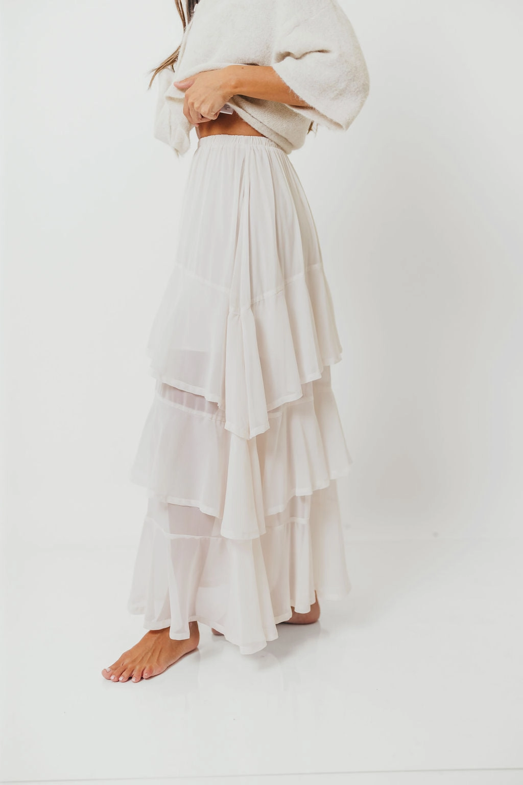 Charming Comfort Talulah Ruffle Tiered Maxi Skirt in Ivory