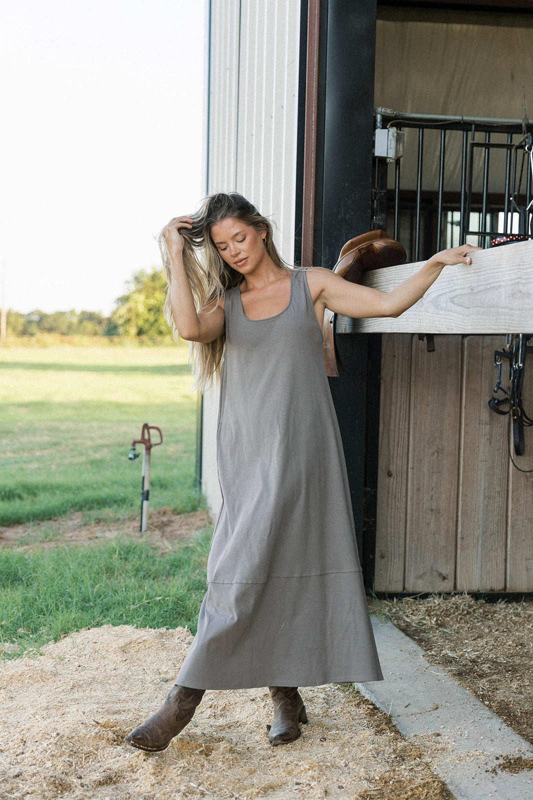 Subtle Edge Feminine empire waist dress Taryn 100% Cotton Open Back Knit Maxi Dress in Smoke