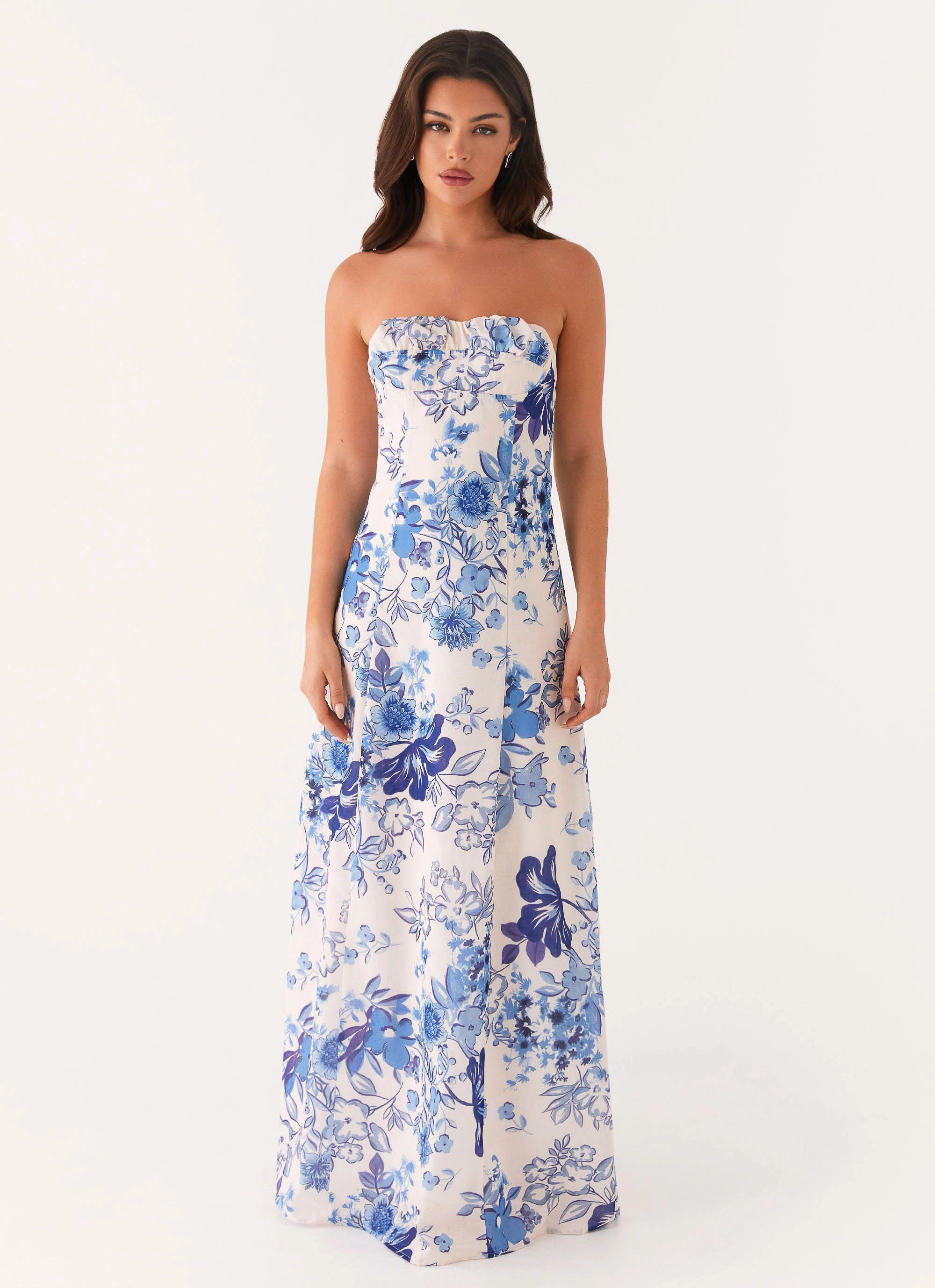 Tayla Linen Maxi Dress - Serene Sky Floral Light Layers petite size