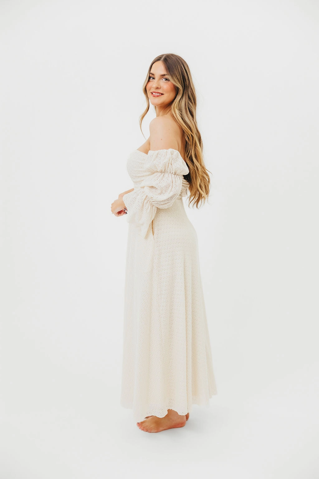 Velvet-Touch Corrine Tiered Sleeve Maxi Dress in Ivory Cream
