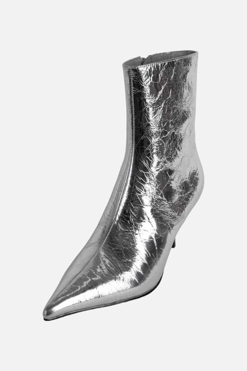 Jeffrey Campbell Sindee-Mh Ankle Boot in Silver Crinkle Mid Rise Reinforced Form Windy Weather