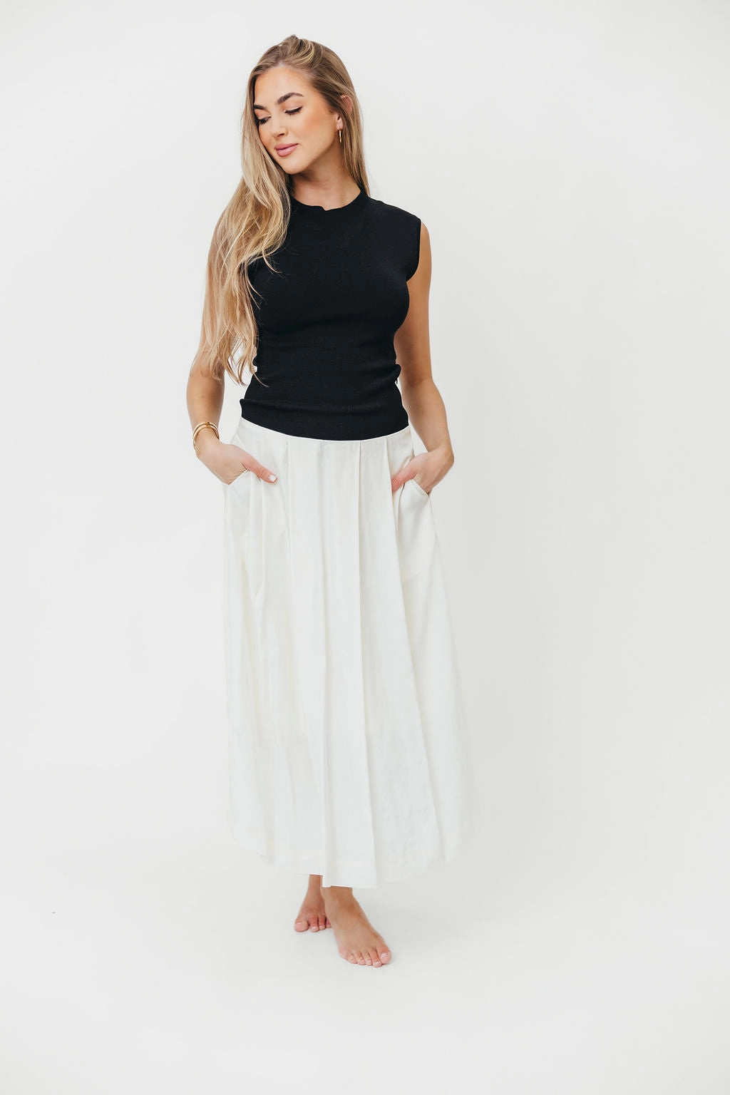 Elastic Fit The Cairo Midi Dress in Black/Cream *Final-Sale*