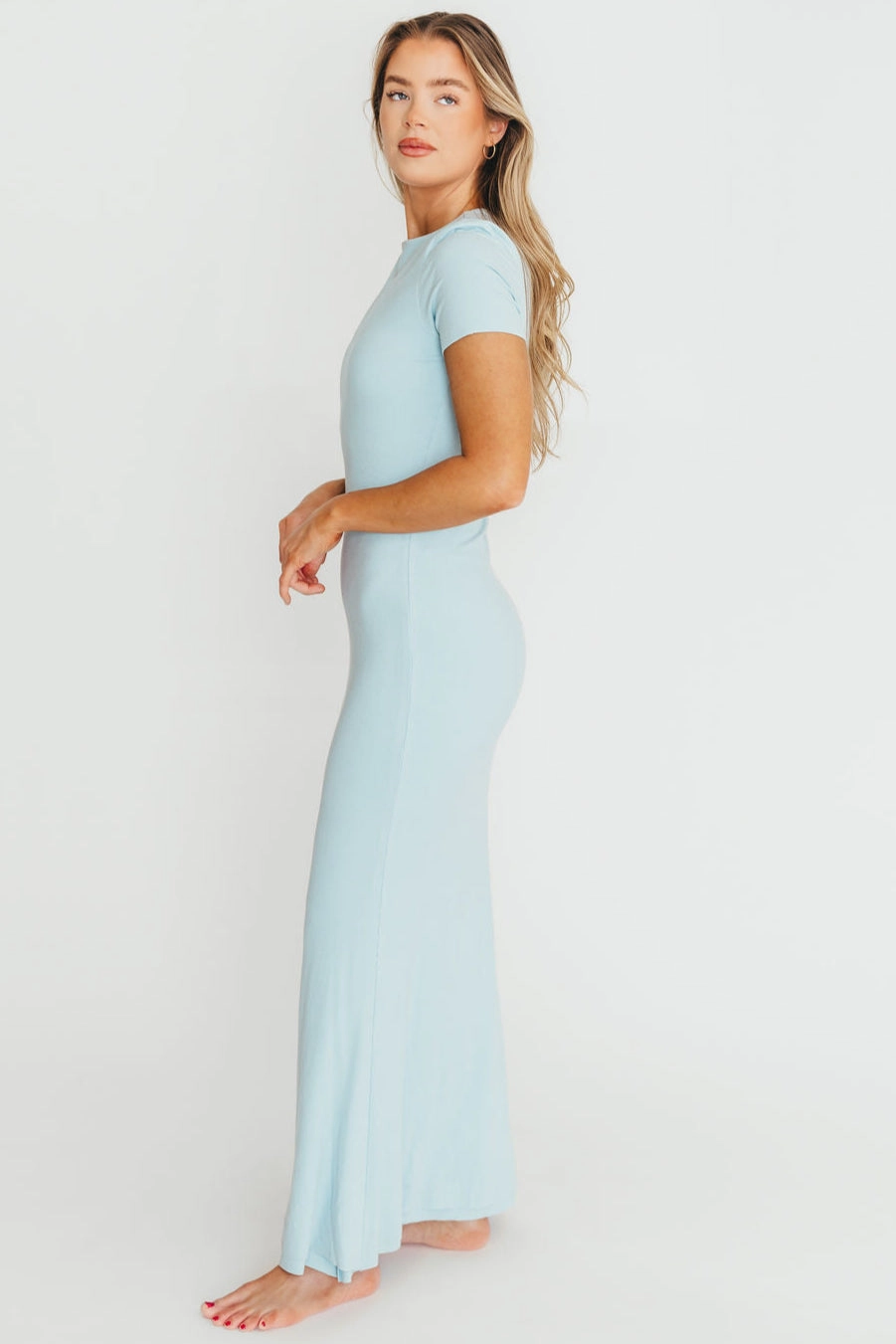 The Charlie Ribbed Maxi Dress in Baby Blue -Bump Friendly Luxe style urban vibe