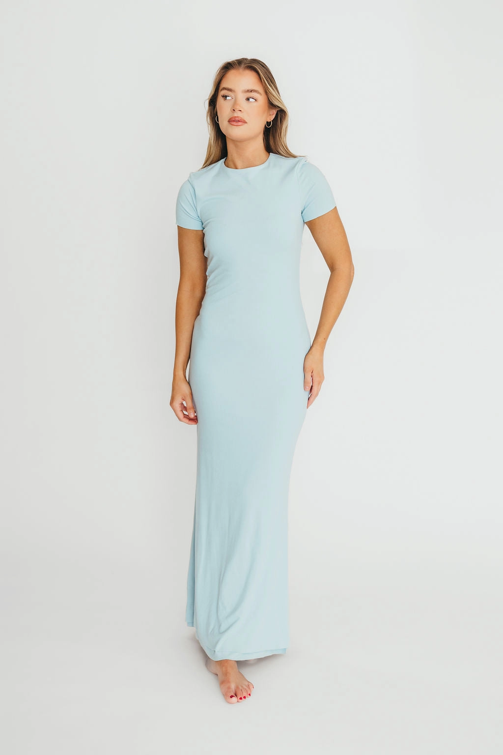 Light Fit Bloom Soft The Charlie Ribbed Maxi Dress in Baby Blue -Bump Friendly
